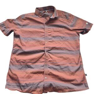 KUHL Shirt Men’s Medium Short Sleeve Snap Button Up Brown Orange Striped Casual
